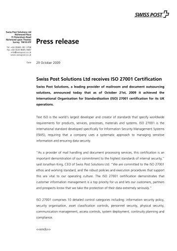 Press Release - Swiss Post Solutions Ltd receives ISO 27001 ...