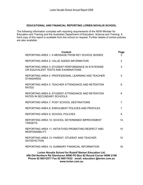 Lorien Novalis School Annual Report 2008