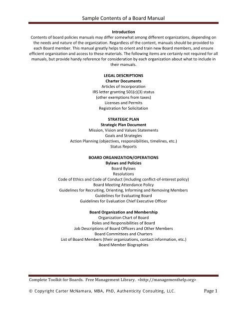 Sample Contents Of A Board Manual
