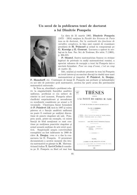 Un secol de la publicarea tezei de doctorat a lui Dimitrie Pompeiu