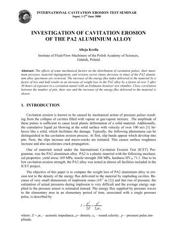 Cavitation erosion tests of PA2 aluminium alloy