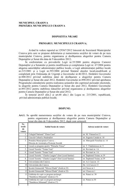 Dispozitia nr. 1682/2012 - Primaria Craiova