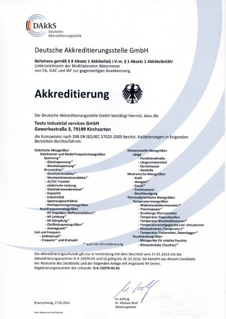 Akkreditierungsurkunde - Testo Industrial Services GmbH