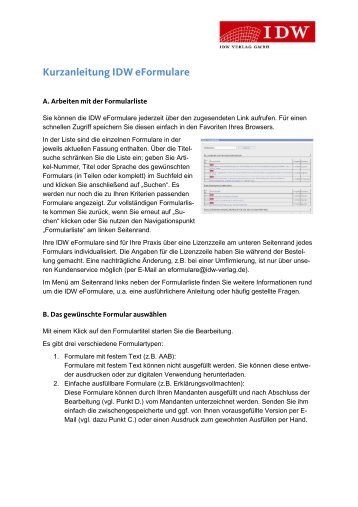 Kurzanleitung IDW eFormulare - Shop IDW-Verlag - IdW