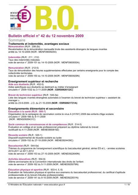 Bulletin Officiel Nâ 42 Du 12 Novembre 2009 Sommaire Les - 