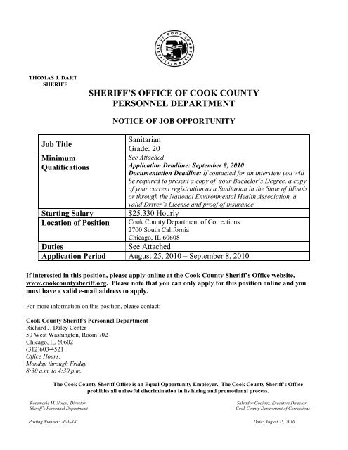 SHERIFF'S OFFICE OF COOK COUNTY PERSONNEL DEPARTMENT