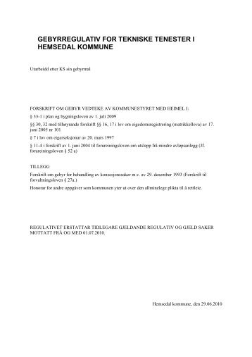 gebyrregulativ for tekniske tenester i hemsedal kommune