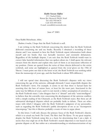 Letter to Rabbi Meiselman in Response - Zoo Torah