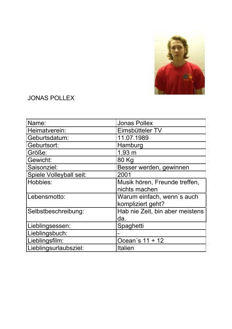 JONAS POLLEX Name: Jonas Pollex Heimatverein ... - HVbV