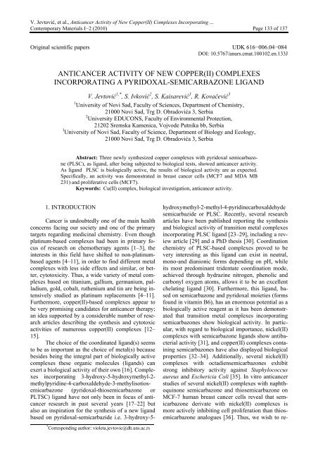 Anticancer Activity of New Copper(II) Complexes Incorporating