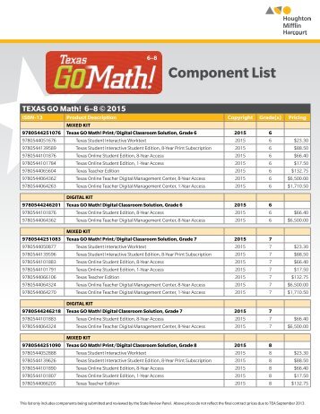 TEXAS GO Math! 6â8 Â© 2015 - Houghton Mifflin Harcourt