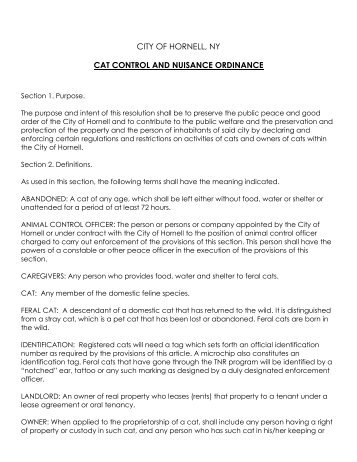 city of hornell, ny cat control and nuisance ordinance