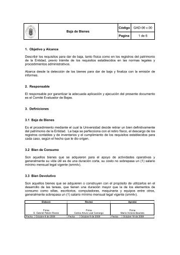 CÃ³digo GAD-06 v.00 Baja de Bienes Pagina 1 de 6 1. Objetivo y ...