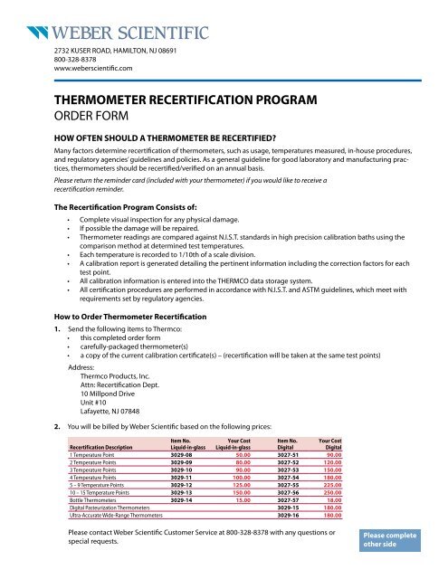 thermometer recertification program order form - Weber Scientific