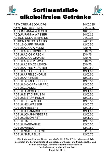Sortimentsliste alkoholfreien Getränke - Heurich