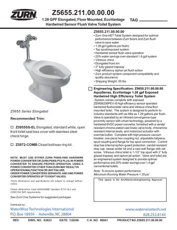 Zurn Z5655 1.128 GPF Floor Mounted Hardwired Toilet Specifications