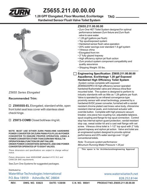 Zurn Z5655 1.128 GPF Floor Mounted Hardwired Toilet Specifications