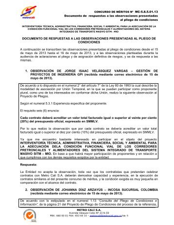 Documento respuestas observaciones pliego - Metrocali