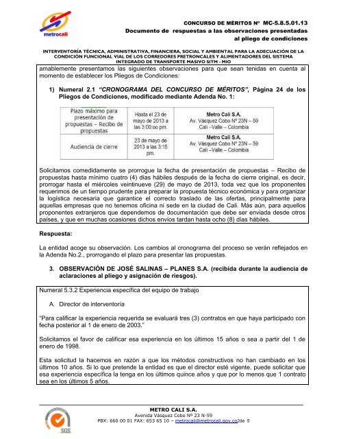 Documento respuestas observaciones pliego - Metrocali