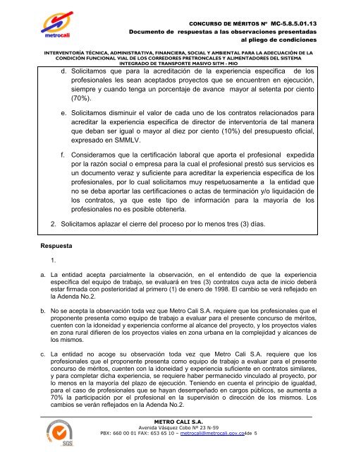 Documento respuestas observaciones pliego - Metrocali