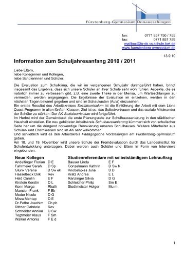 Information zum Schuljahresanfang 2010 / 2011