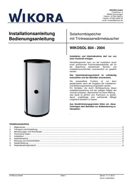 Hygienespeicher Wikosol mit 2 WT - Wikora GmbH