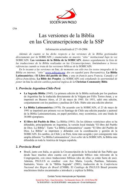 Las versiones de la Biblia en las Circunscripciones de la SSP