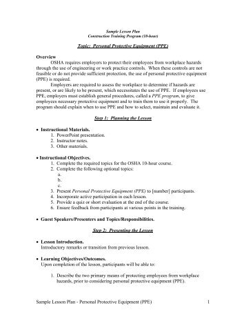 Sample Lesson Plan - Personal Protective Equipment (PPE) 1 Topic ...