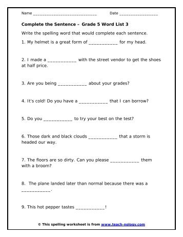 Complete the Sentence - Grade 5 Word List 3 - Teach-nology