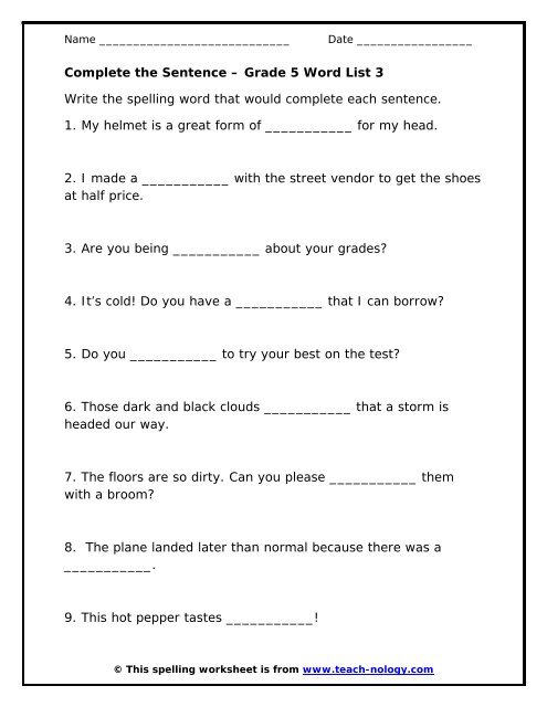 Complete the Sentence - Grade 5 Word List 3 - Teach-nology