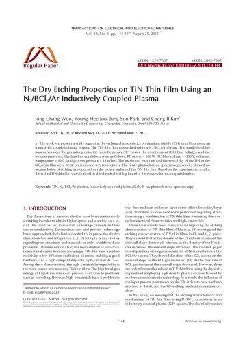 The Dry Etching Properties on TiN Thin Film Using an N2/BCl3/Ar ...