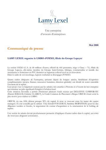 LMBO pour Oxxo, filliale du Groupe Lapeyre, avec ... - Lamy Lexel