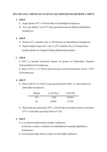 2011-2012 Öğretim Yılı Isı ve Kütle Aktarım İşlemleri 1. Ödevi