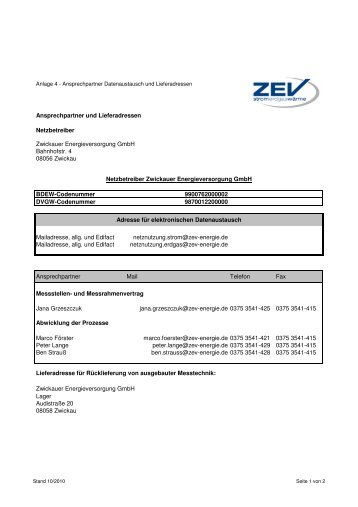 Ansprechpartner und Lieferadressen Netzbetreiber Zwickauer ...