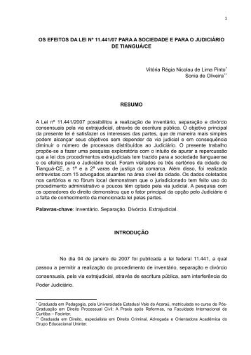 OS EFEITOS DA LEI NÂº 11.441/07 PARA A SOCIEDADE E PARA O ...