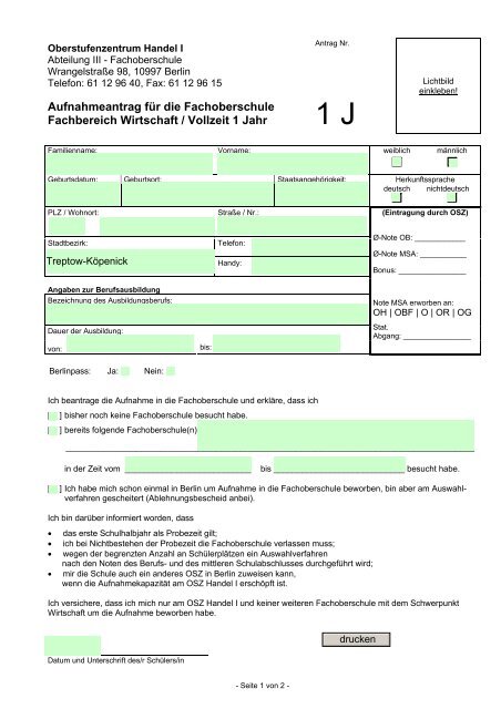 1-jÃ¤hrige Fachoberschule (PDF-Formular) - OSZ Handel I