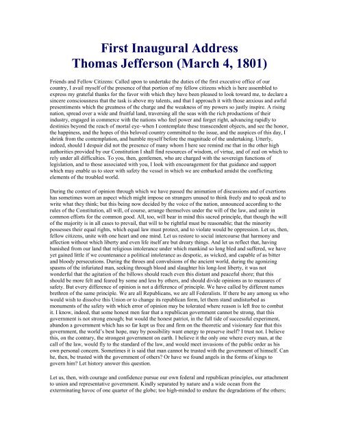 first inaugural address thomas jefferson