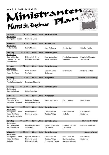 Ministrantenplan vom 21.02.2011 bis 13.03.2011 - englmarer-minis.de