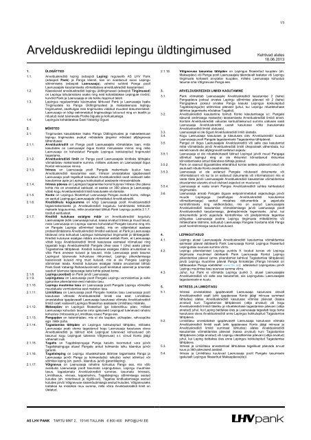 Arvelduskrediidi Lepingu A Ldtingimused Lhv Pank