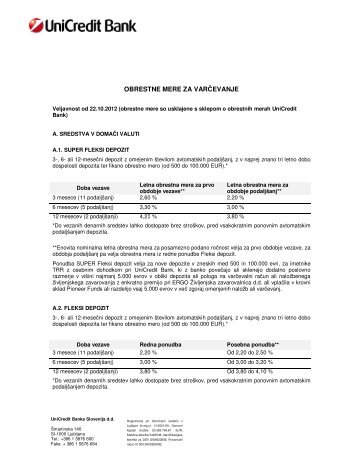 OBRESTNE MERE ZA VARÄEVANJE - UniCredit Banka Slovenija dd