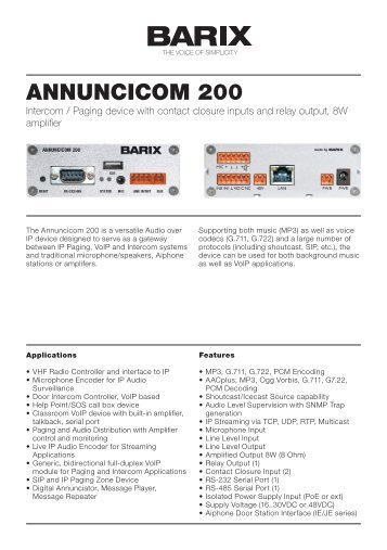 Product Sheet Annuncicom 200 V30 (PDF) - Barix