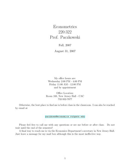 Econometrics 220:322 Prof. Paczkowski - Department of Economics