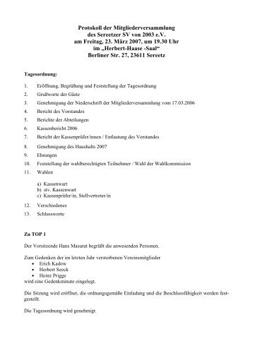 Protokoll der Mitgliederversammlung des Sereetzer SV von 2003 ...