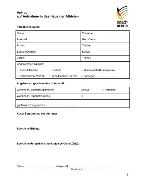 Antrag Zur Aufnahme In Das Haus Der Athleten Olympiastutzpunkt