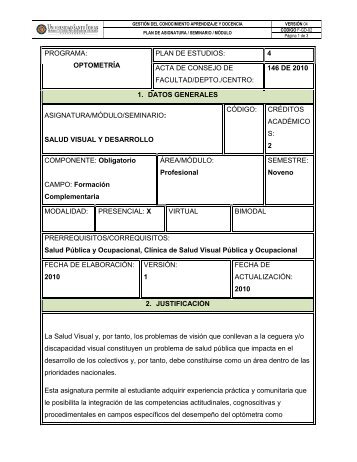 PROGRAMA: OPTOMETRÃA PLAN DE ESTUDIOS: 4 ACTA DE ...