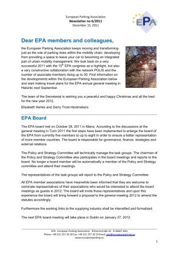 Dear EPA members and colleagues, - European Parking Association