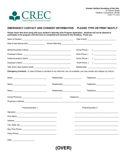 emergency contact form - CREC Schools