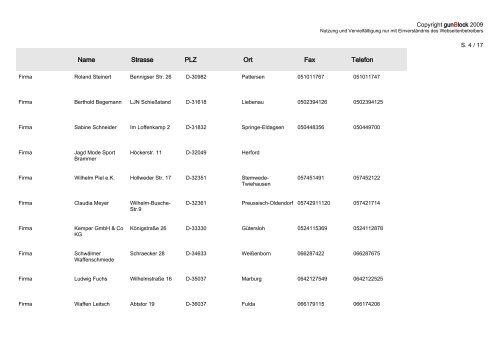 Name Strasse PLZ Ort Fax Telefon - auf gunBlock.de