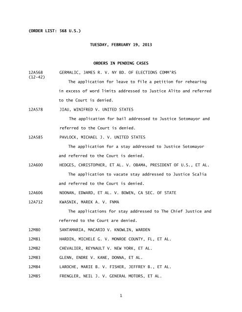 Order List 02 19 13 Supreme Court Of The United States