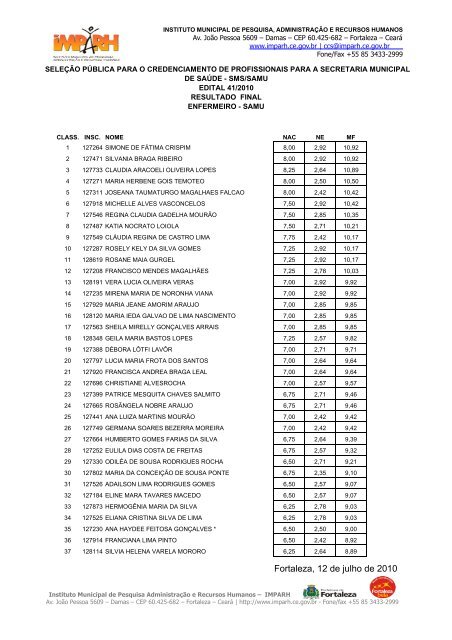 edital de divulgaÃ§Ã£o resultado final - SAMU - SAMU Fortaleza - ce